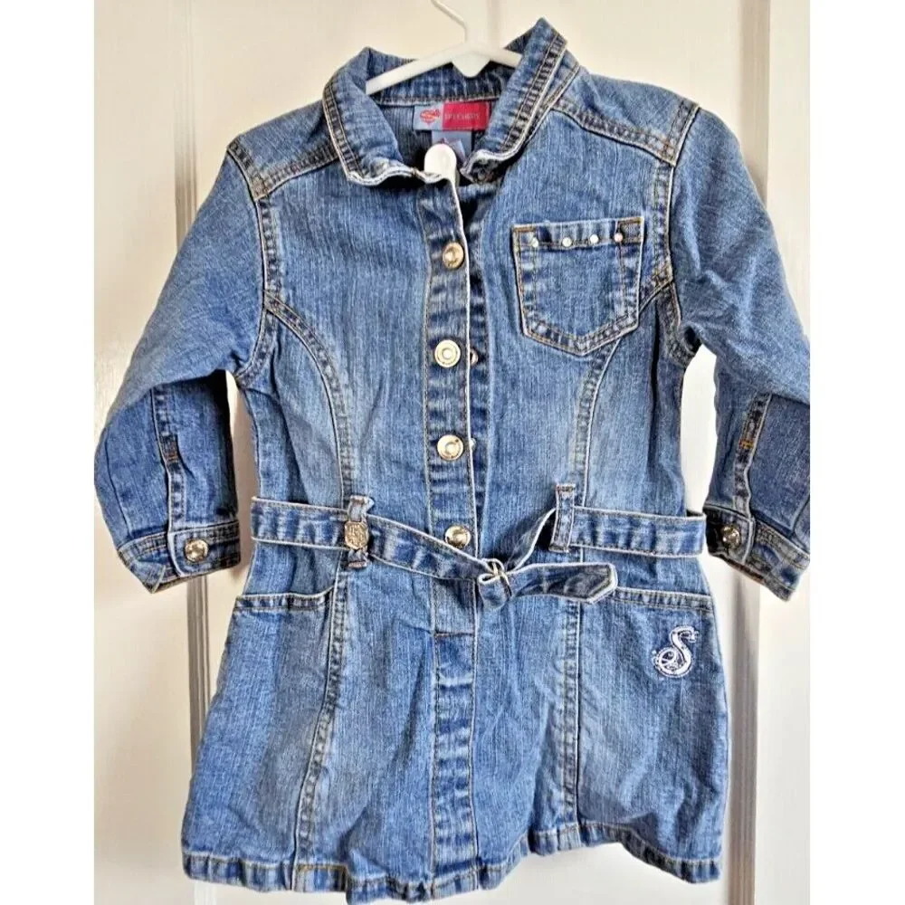 VTG Skechers toddler girl jean dress rhinestone embroidery w/belt Size 2T‎